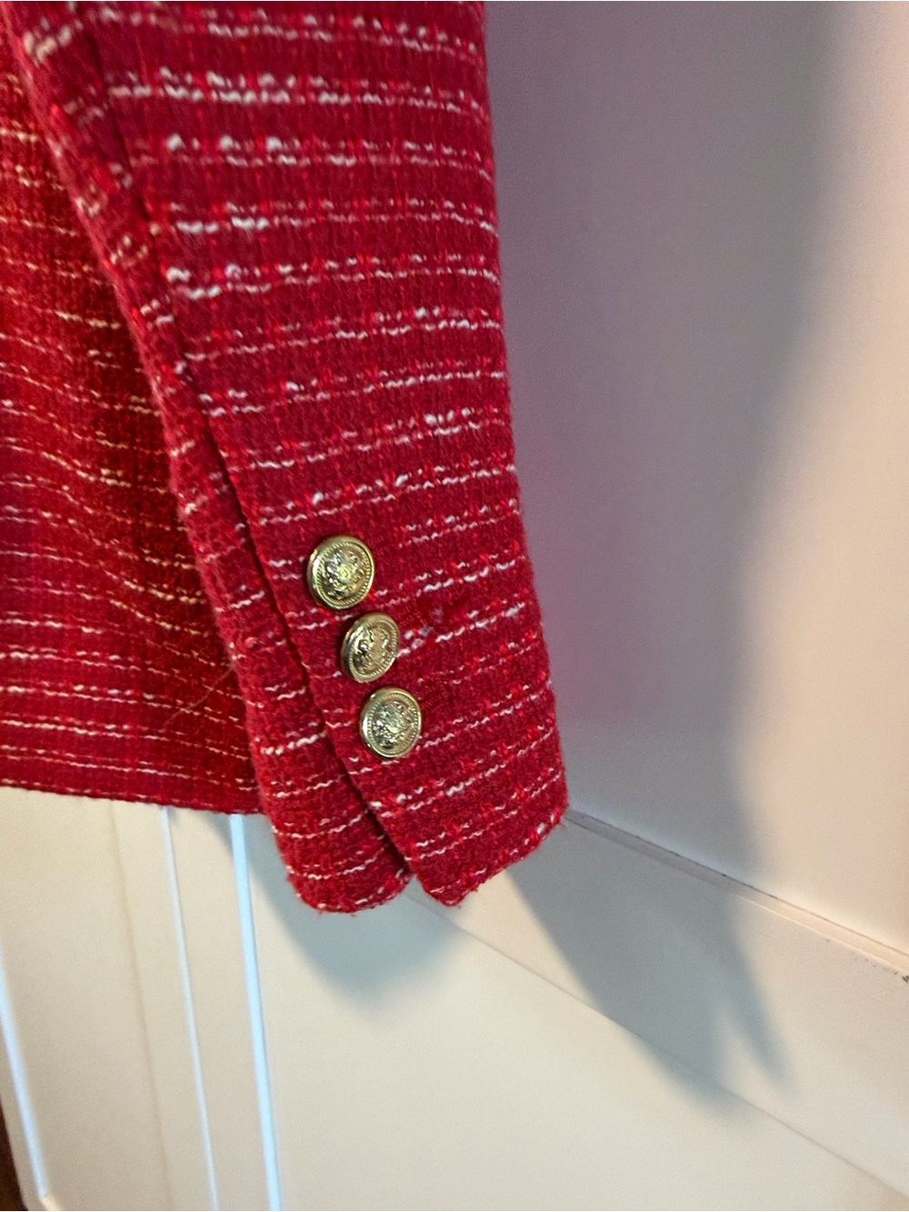 Zara Red Tweed Double-Breasted Blazer with Gold Buttons - Picture 10 of 16